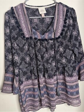 Knox Rose Navy Floral Peasant top with Lavender Trim